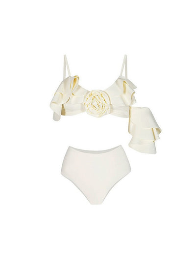 3D Asymmetric Ruffle Split Spring Bikini Three Piece Set Retro Swimsuit Set