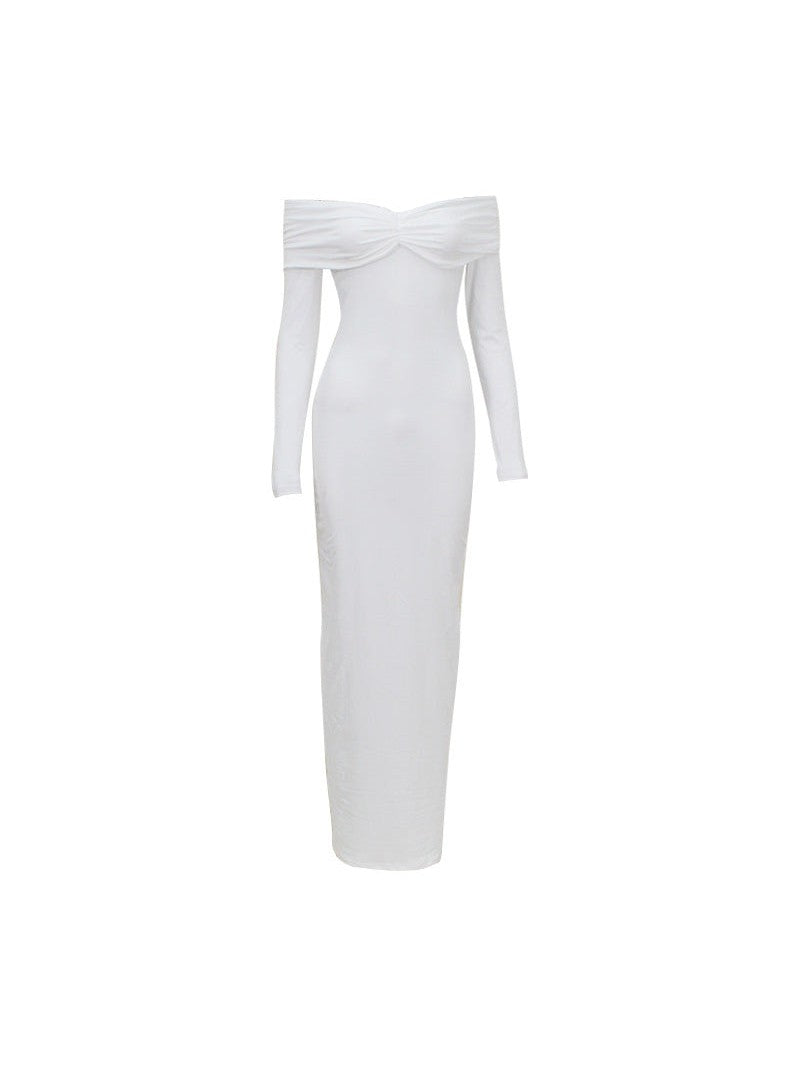 White off-shoulder long-sleeve maxi dress with twisted bust detail and fitted silhouette.