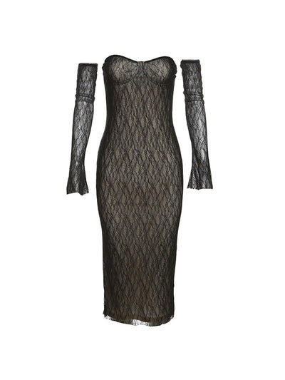 Full Sleeve Off Shoulder Sheath Lace Fishnet Dress