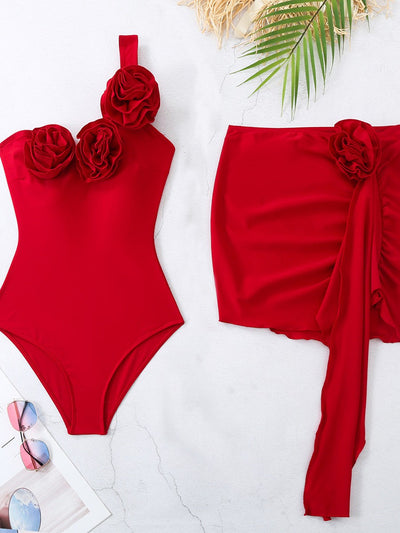 3D Flower One Shoulder Swimsuit & Short Skirt Coord Set