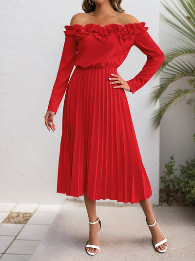 Off Shoulder Long Sleeve Pleated Dress