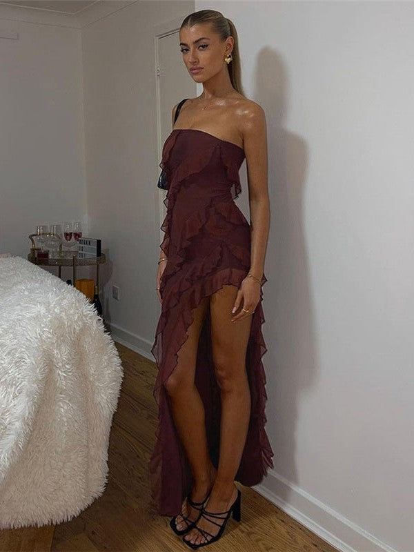 Tube Top Backless Slit Tassel Ruffle Dress