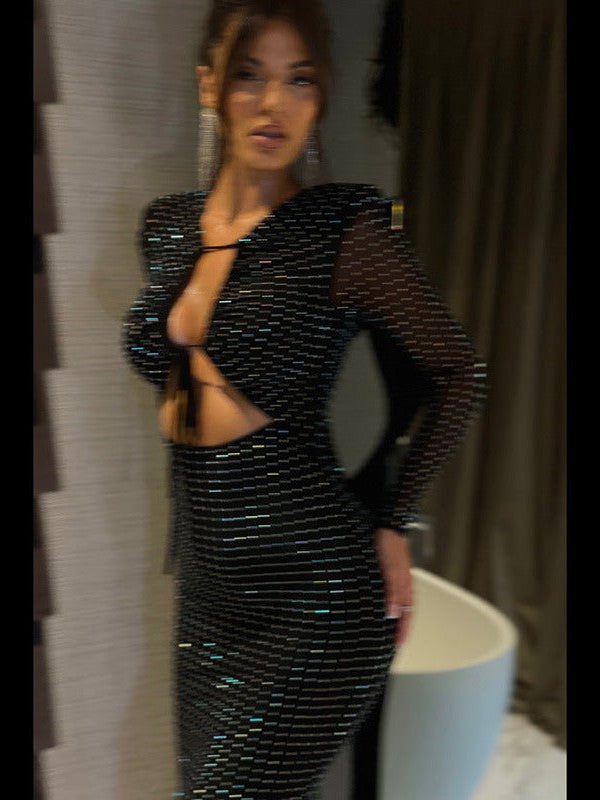 Colorful Sequins Rhinestone Hollow Out Cutout Maxi Dress