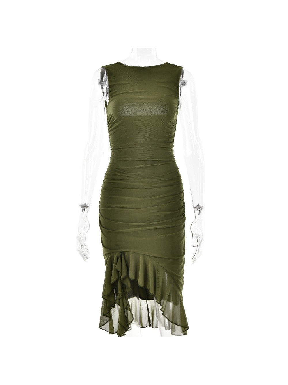 Round Neck Sleeveless Backless Pleated Mesh Midi Dress