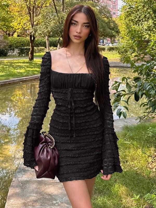 Brown/ Black Square Collar Low Cut Bell Sleeve Dress