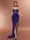 Blue Irregular Asymmetric Velvet Sequin Sling Maxi Dress