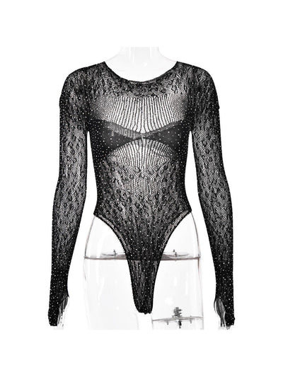 Black sheer knitted long-sleeve bodysuit with rhinestones on a clear mannequin; high-cut thong bottom.