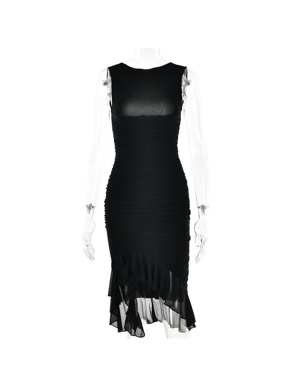 Round Neck Sleeveless Backless Pleated Mesh Midi Dress