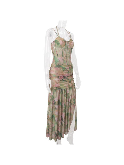 Floral Tie Dye Print Corset Ruched Corset Dress