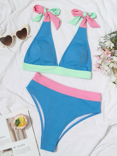 Tie up Color Block Bikini & Shorts Swimset