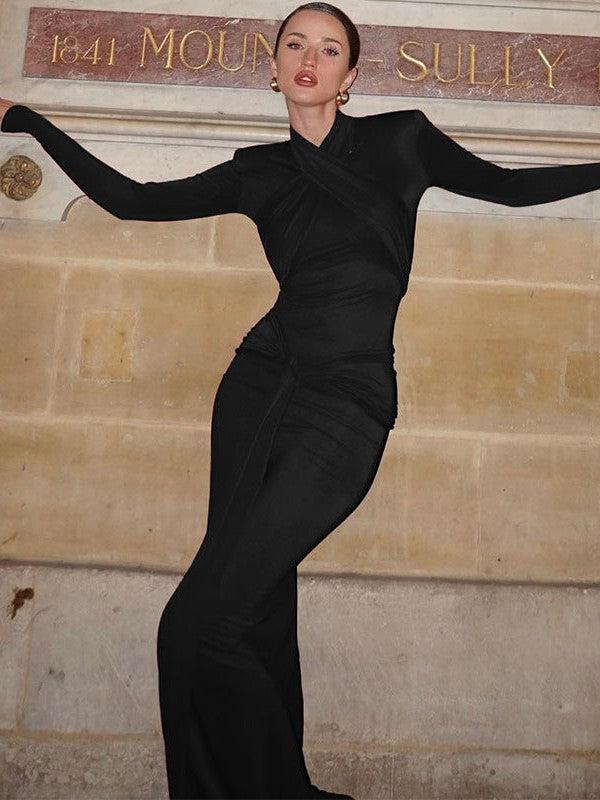 Corset Cinched Full Sleeve Padded Shoulder Maxi Dress