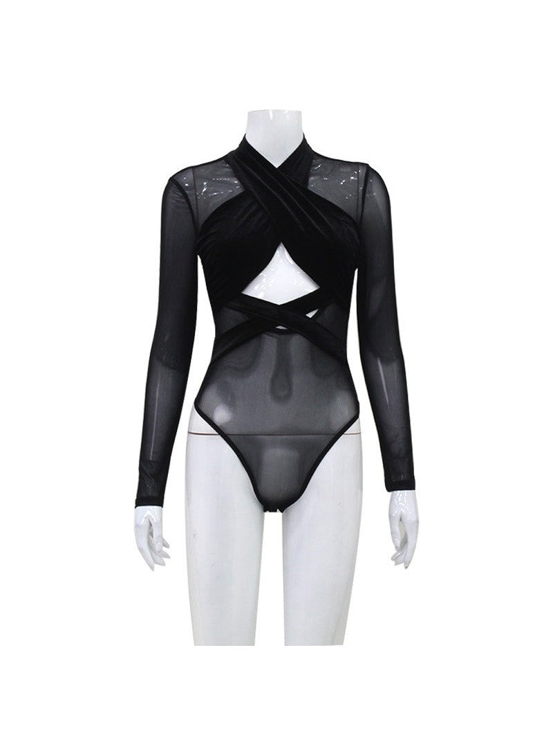Mesh Velvet Cross Hollow Out Cutout out Bodysuit