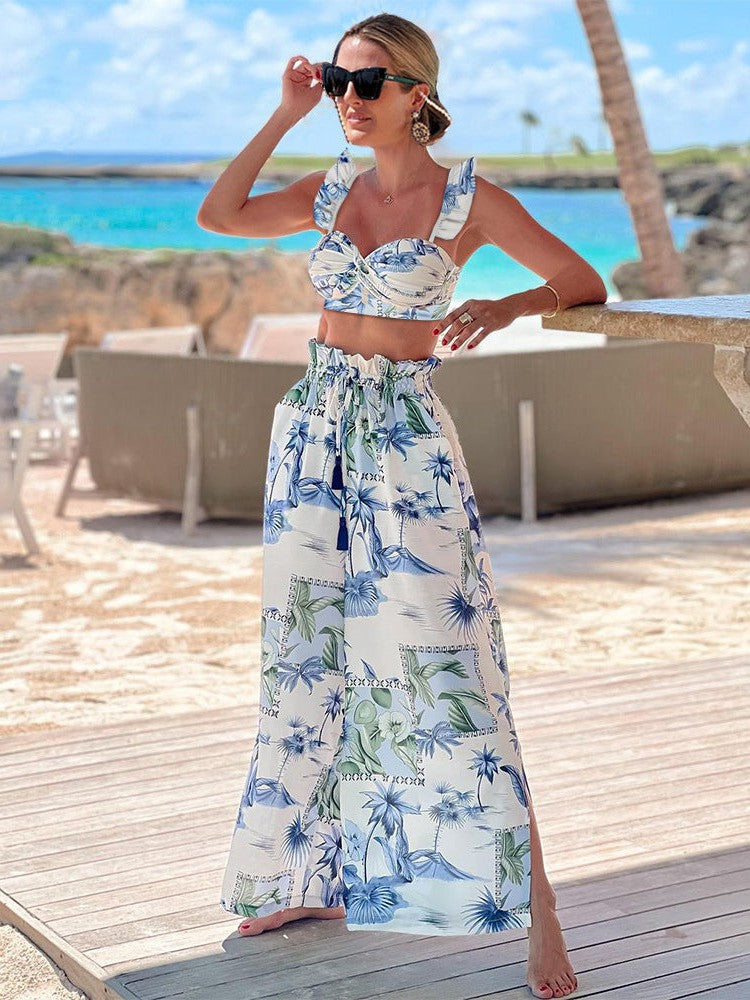 Lotus Leaf Sleeve Split Seaside Vacation High Waist Bikini Swimsuit