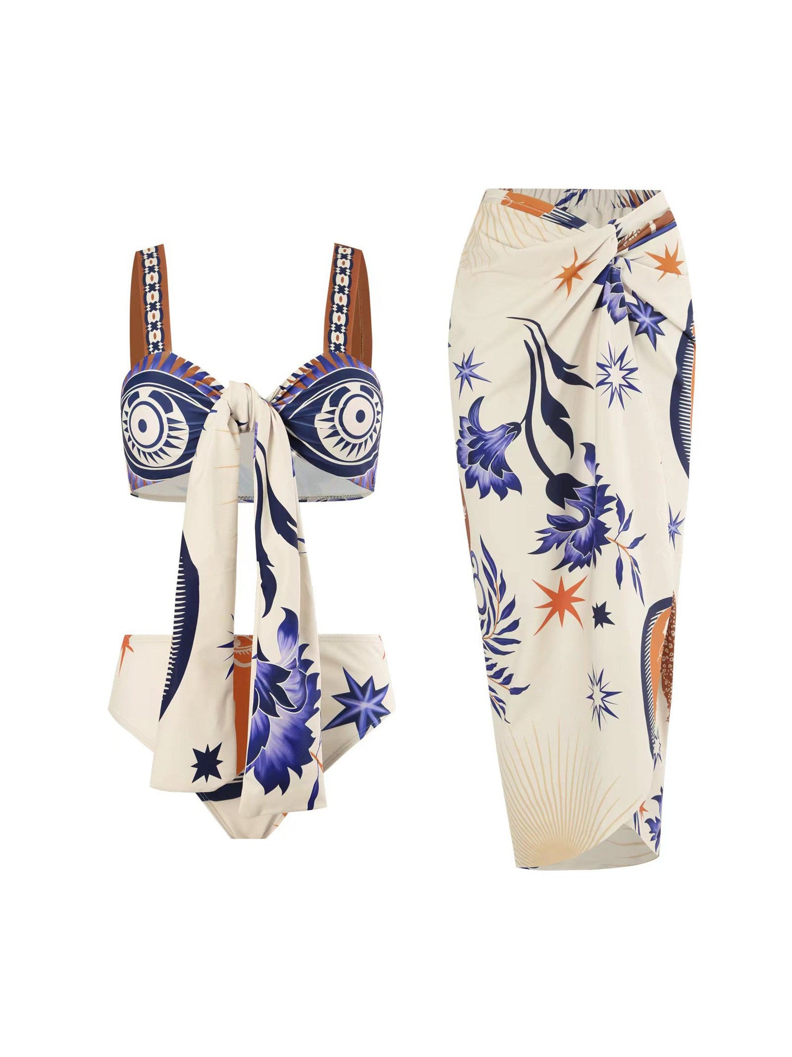 Boho Print Lace up Bikini & Short Swimsuit Set with Skirt