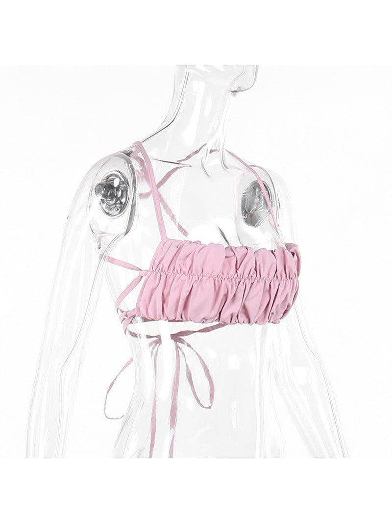 Pink Ruffle Vest Pleated Camisole Crop Top