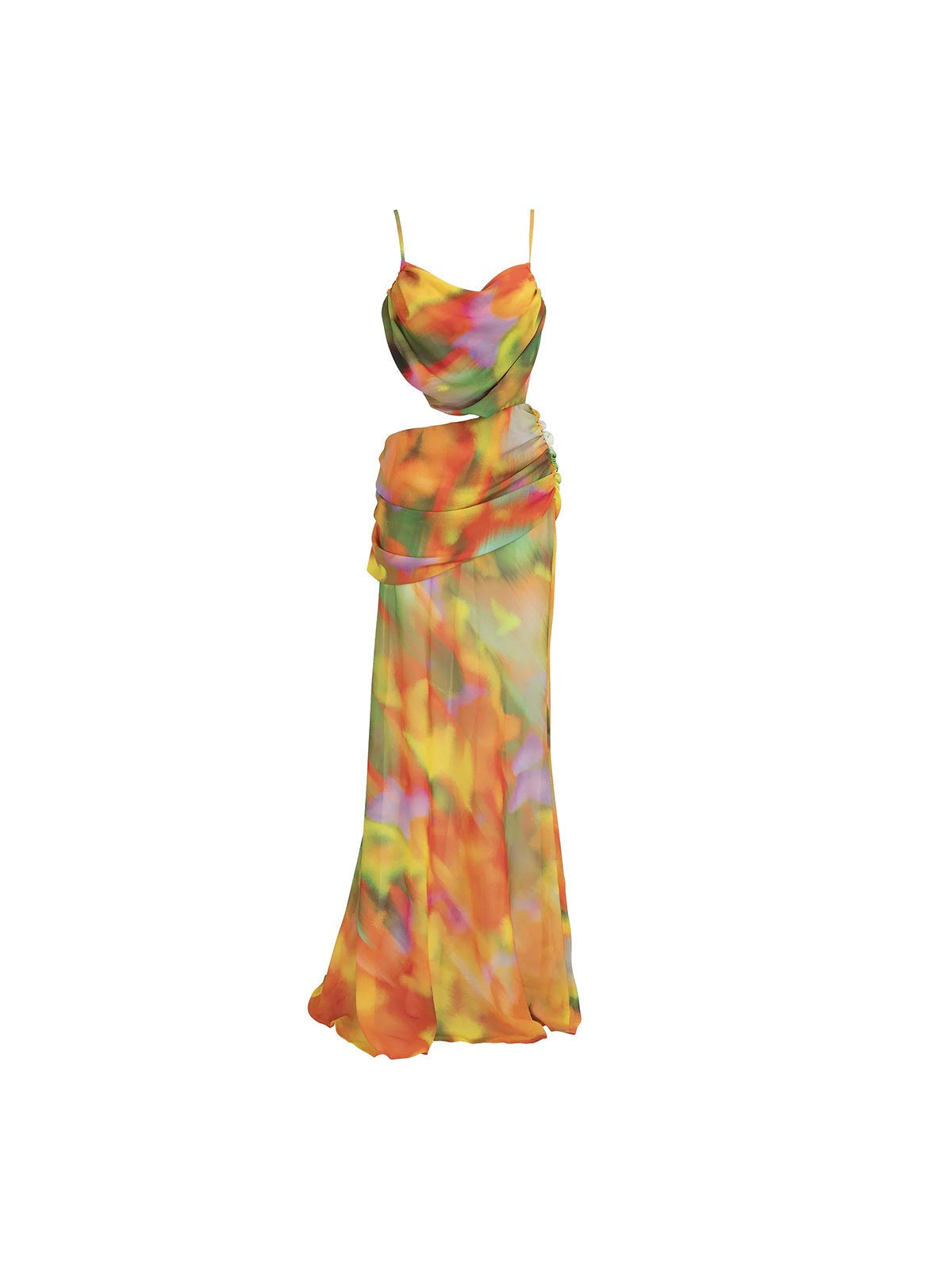 Spaghetti Strap Mesh Cutout Backless Knot Maxi Dress