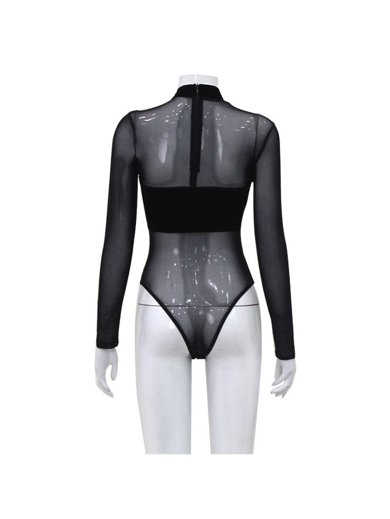 Mesh Velvet Cross Hollow Out Cutout out Bodysuit