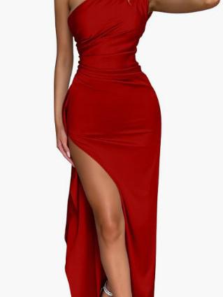 One Shoulder Pleated Split Satin Dress