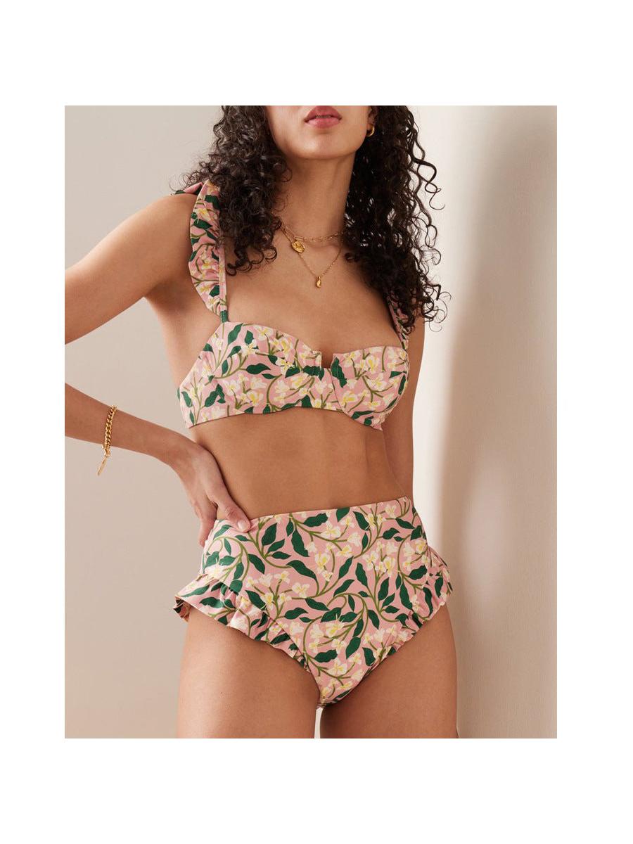 3 Piece Floral Print Ruffle Strap Bikini & Skirt Set
