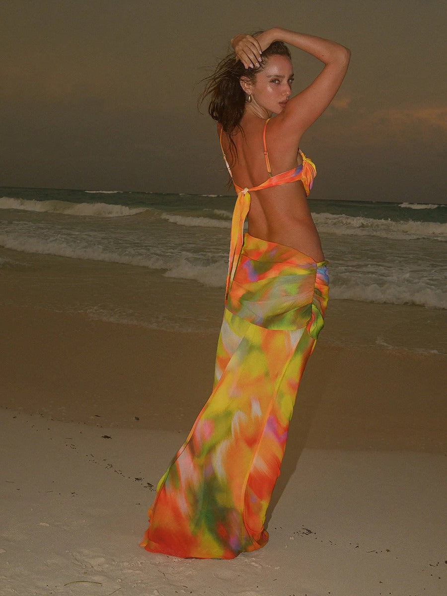 Spaghetti Strap Mesh Cutout Backless Knot Maxi Dress