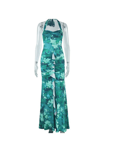 Floral Print Halterneck Ruched Ruffle Slit Maxi Dress