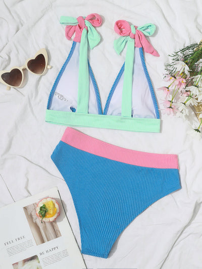 Tie up Color Block Bikini & Shorts Swimset