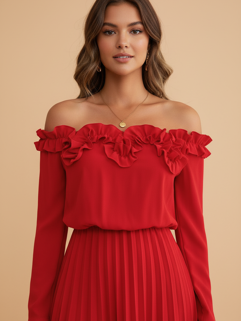 Off-Shoulder Long Sleeve Pleated Dress in red with a ruffled neckline and pleated skirt