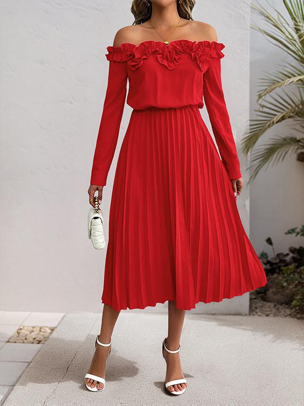 Off Shoulder Long Sleeve Pleated Dress
