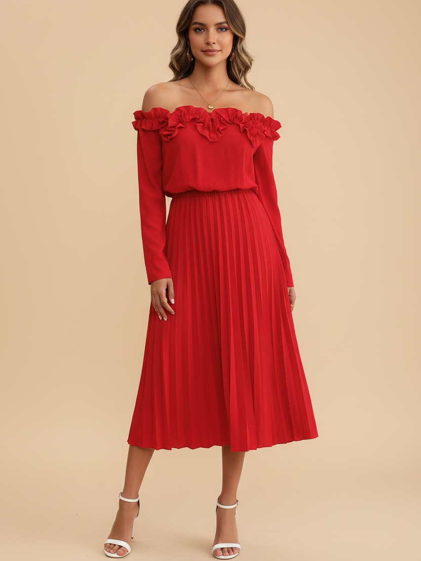 Off-Shoulder long-sleeve red pleated dress by Exclusives, midi-length