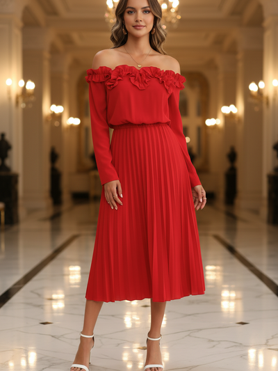 Exclusives red off-shoulder long-sleeve pleated dress with ruffled neckline, midi length
