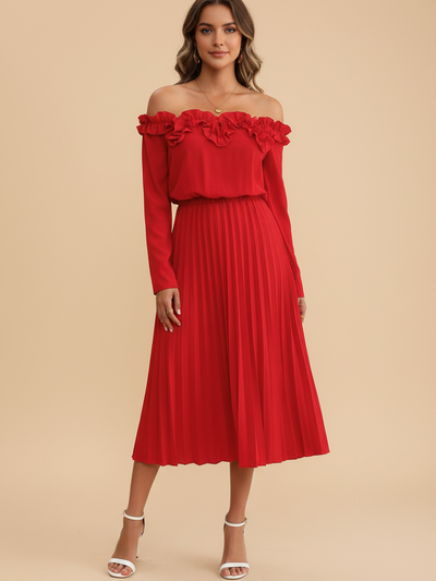Off-Shoulder long-sleeve red pleated dress by Exclusives, midi-length