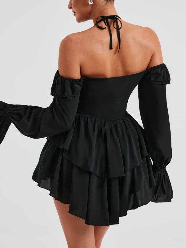 Halterneck Low Cut Ruffled Long Sleeve Romper