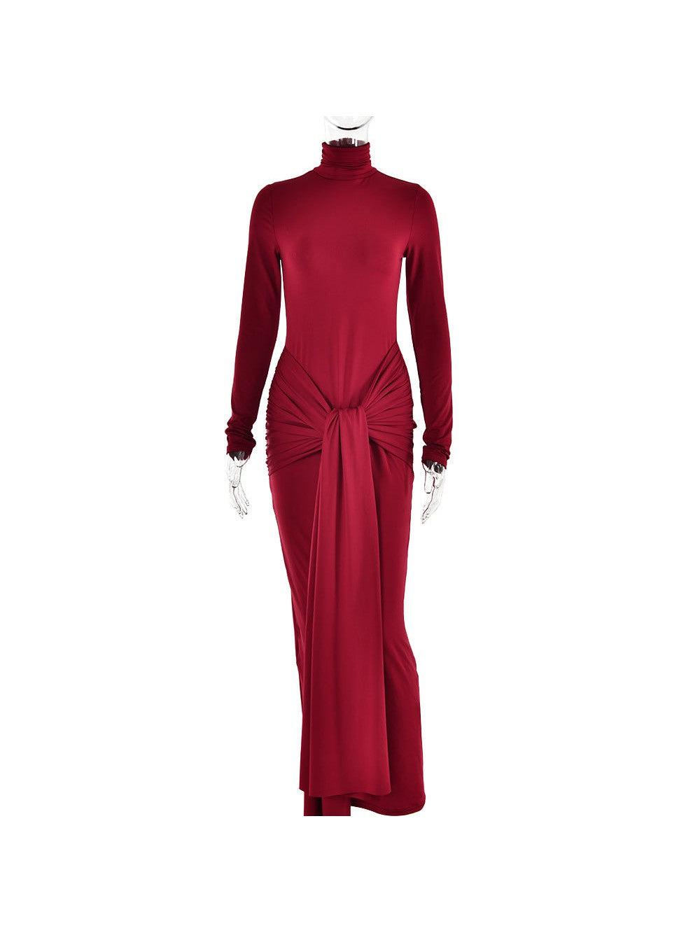 High Collar Knot Full Sleeves Bodycon Maxi Dress