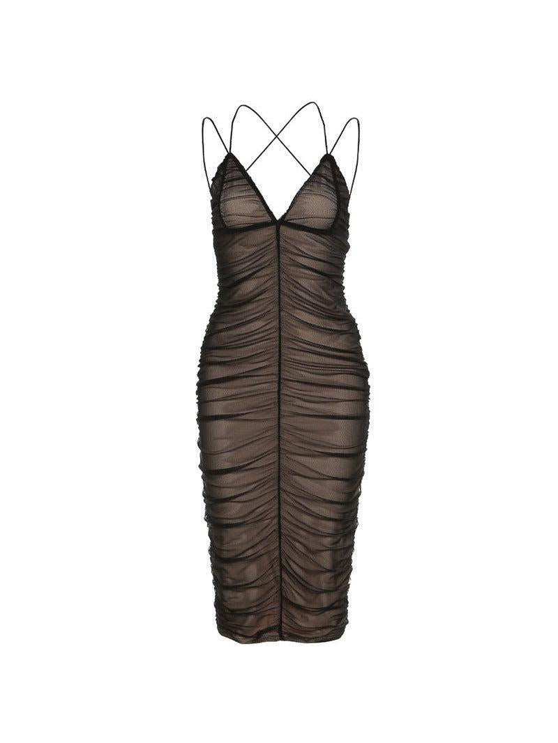 Deep Neck Mesh Backless Midi Dress