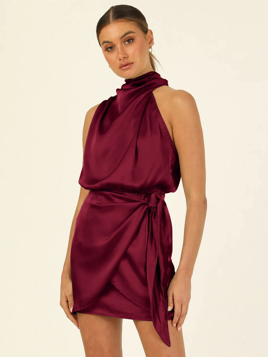 French Halterneck Satin Short Wrap Dress