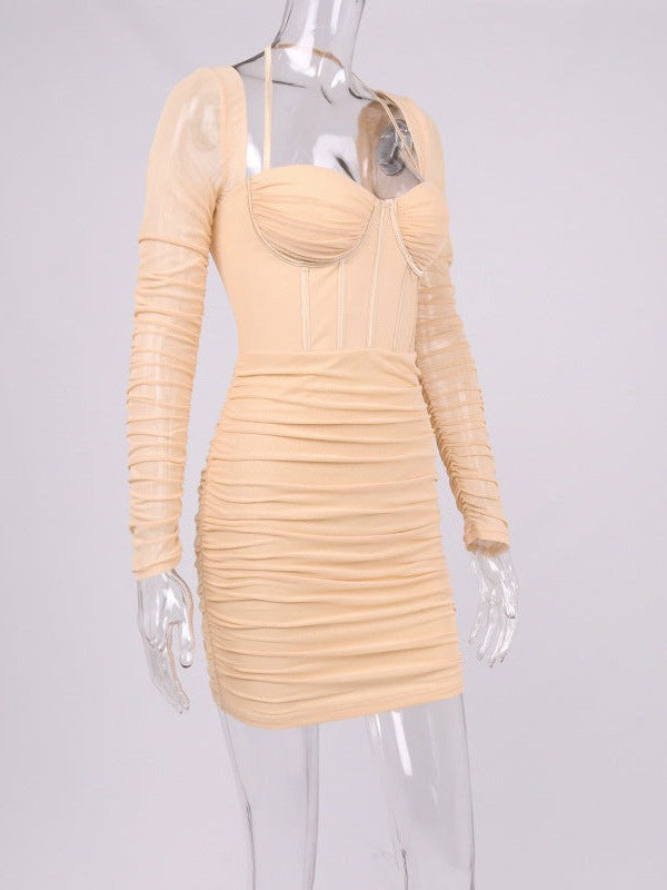 Mesh Boning Corset Pleated Backless Sheath Cami Dress