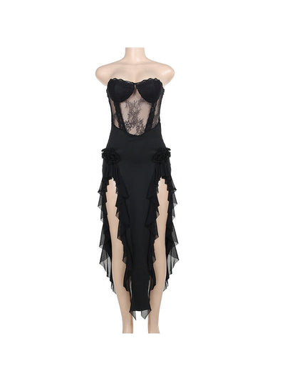 Black Lace Tube Top Stitching Dress
