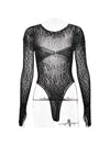 See Through Knitted Sheer Long Sleeve Rhinestone Bodysuit Top