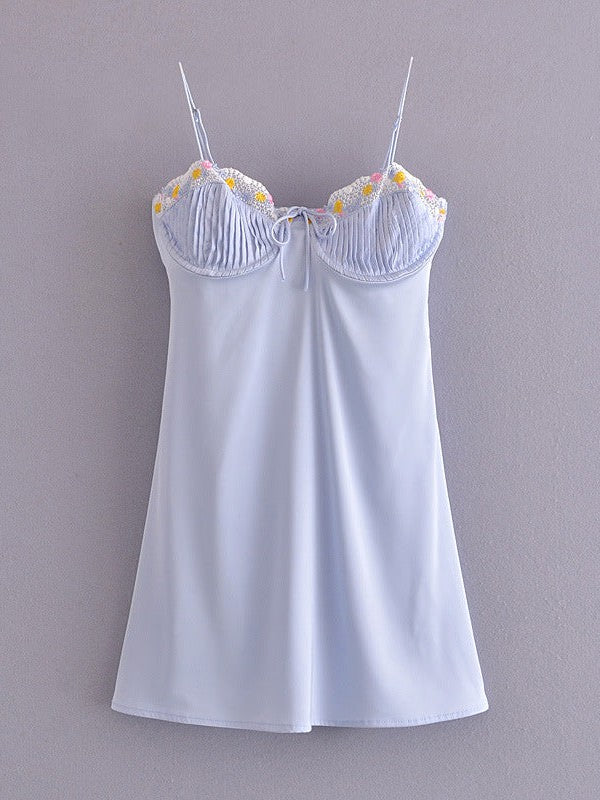 Blue Floral Embroidered Satin Spaghetti Strap Dress