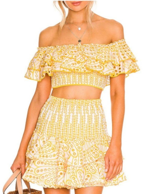 Embroidered Ruffle Crop Top & Short Skirt Coord Set