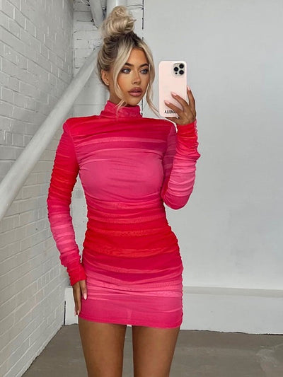 Ruched Mesh Long Sleeves Skinny Hip Dress