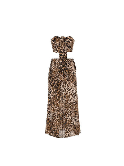 Leopard Print Tube Top Mid Length Skirt Coord Set