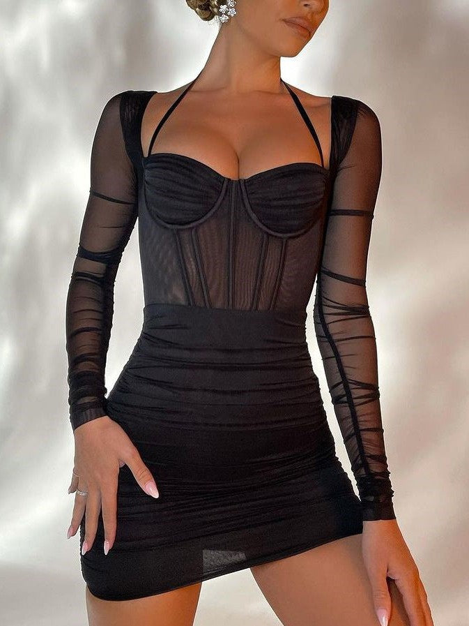 Mesh Boning Corset Pleated Backless Sheath Cami Dress
