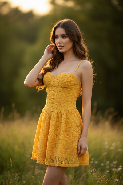 Boning corset lace fit-and-flare short dress in yellow lace with spaghetti straps