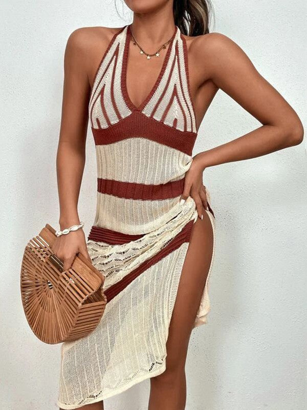 V neck Halter Knitted Striped Bikini Swimsuit Beach Dress