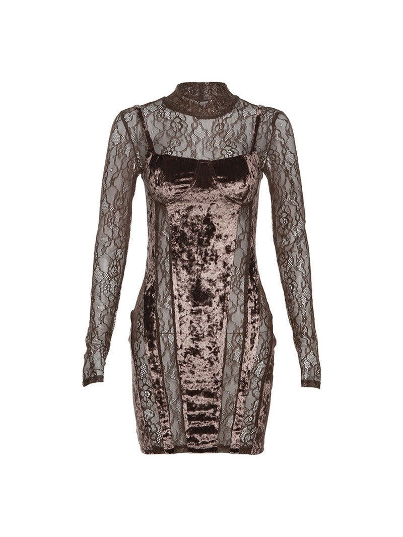 Velvet Patchwork Round Neck Long Sleeve Lace Dress