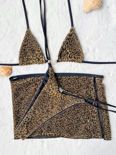 Tied Animal Print Bikini Three Piece Swimsuit Set