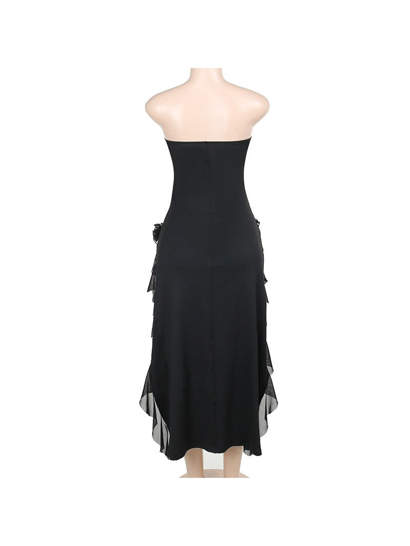 Black Lace Tube Top Stitching Dress