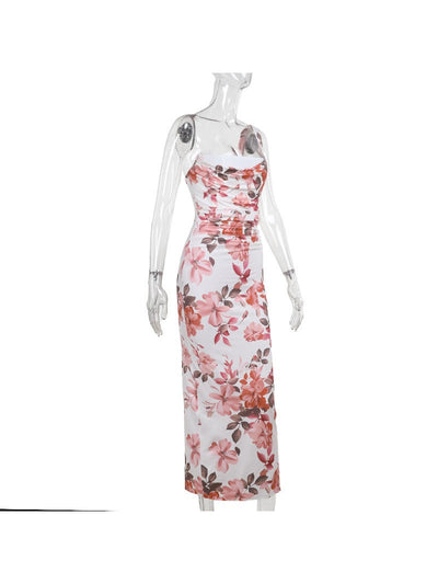 Floral Print One Shoulder Suspender Sheath Dress