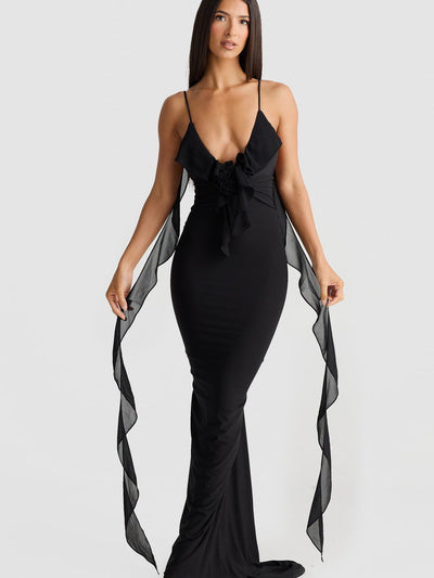 V Neck Backless Slim Fit Shoulder Strap Evening Dress